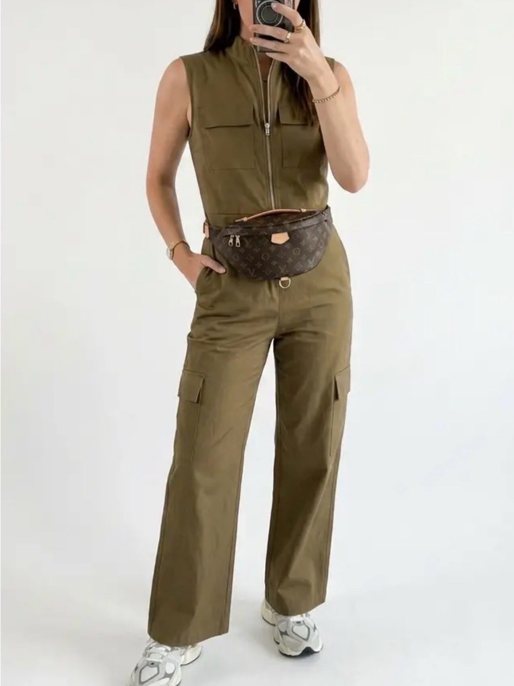 Olive Brown Sleeveless Zip-Front Utility Jumpsuit